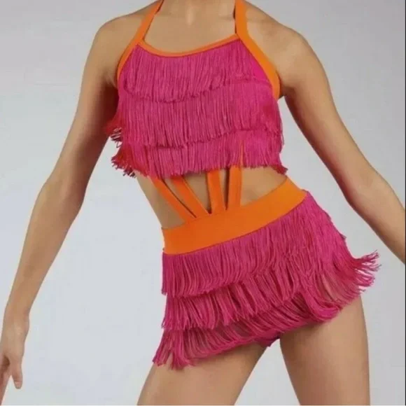 Weissman Pink and Orange Fringe Dance Costume - Picture 1 of 2